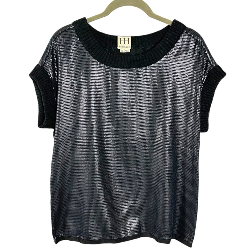 Haute Hippie Matte Metallic Black Sequin Knit Top Size XS Side Zipper Glam Punk